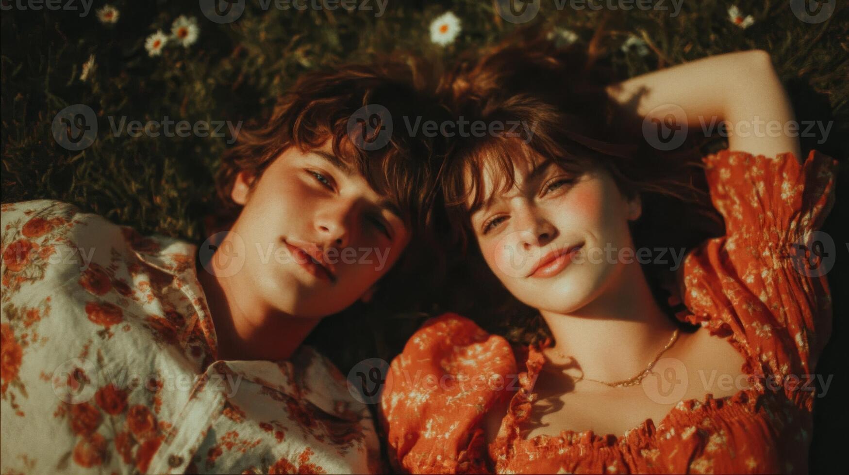 Young Couple Lying in Grassy Field photo
