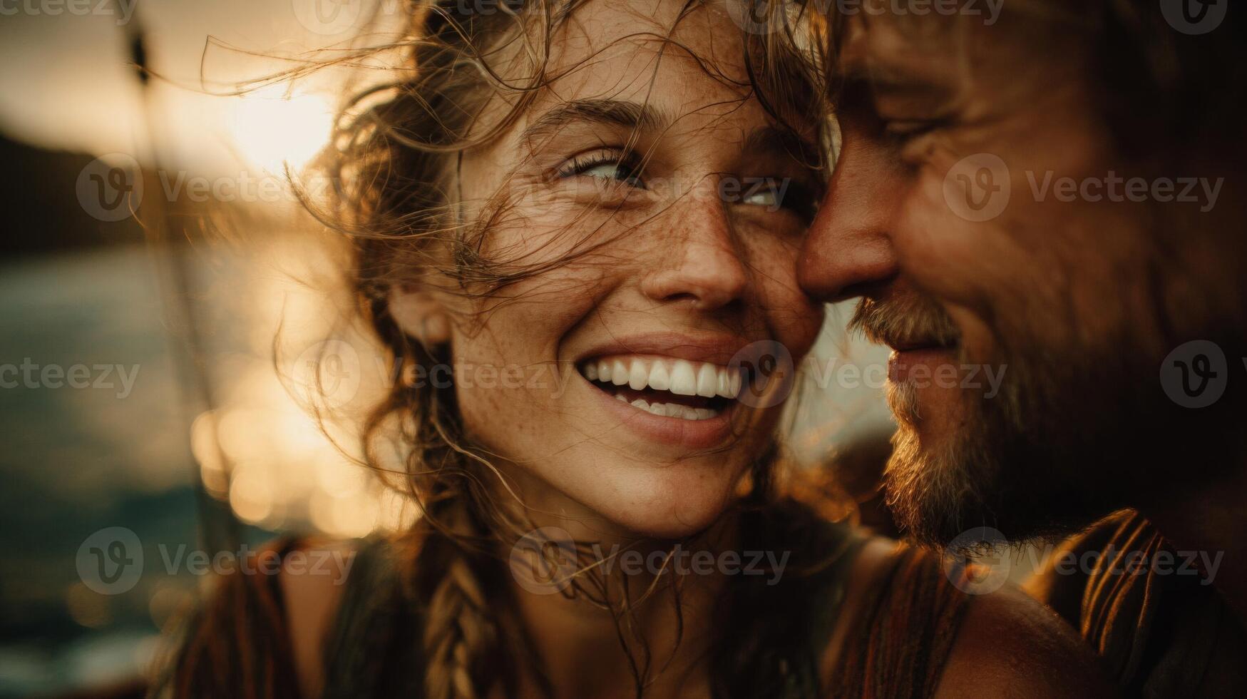 Close-up Portrait of a Happy Couple at Sunset photo
