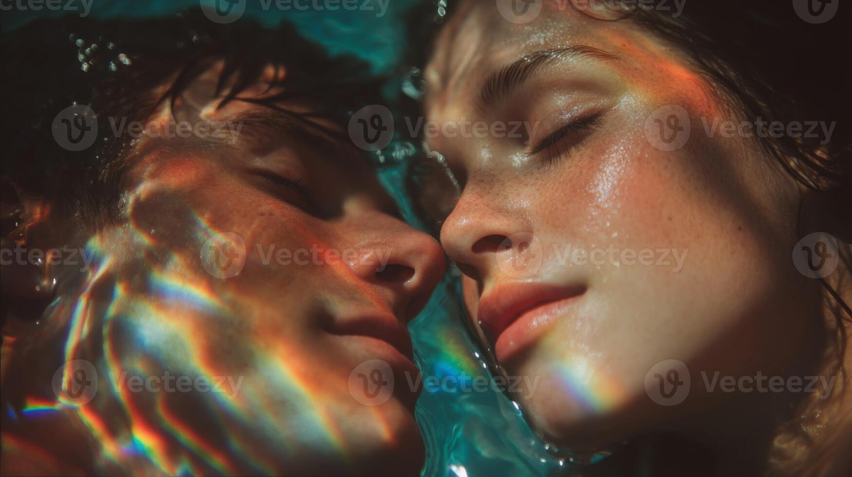Underwater Couple Portrait Close-Up of a Young Couple's Faces, Submerged in Teal Water with photo
