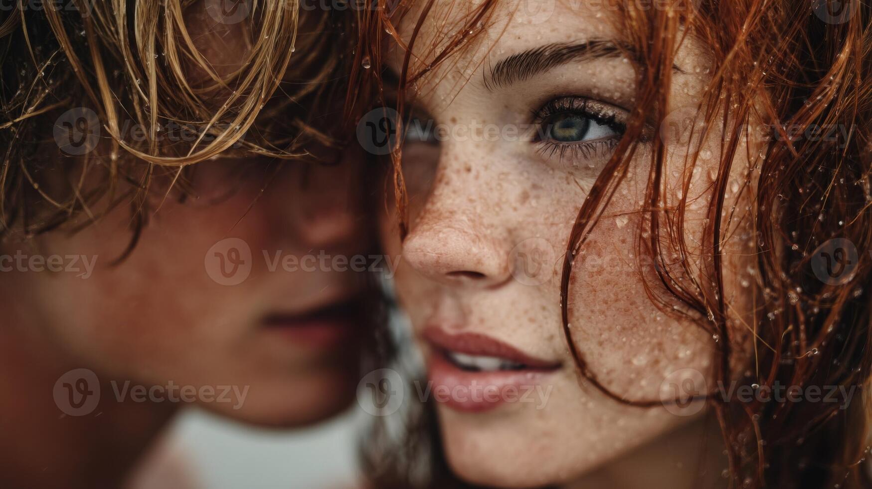 Close-Up Portrait of a Young Couple with Wet Hair photo