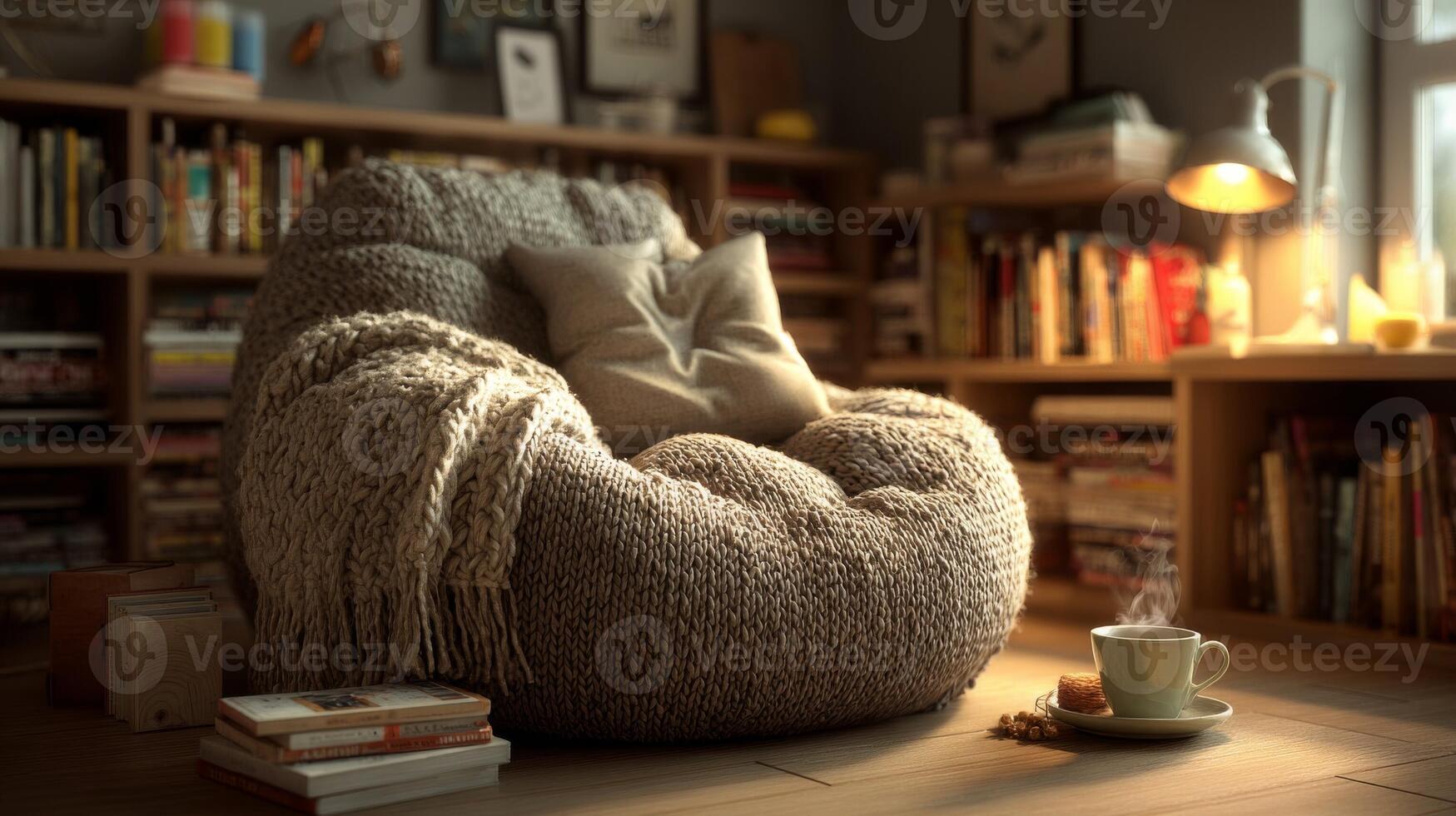 Cozy Beige Bean Bag Chair in a Warmly Lit Room photo