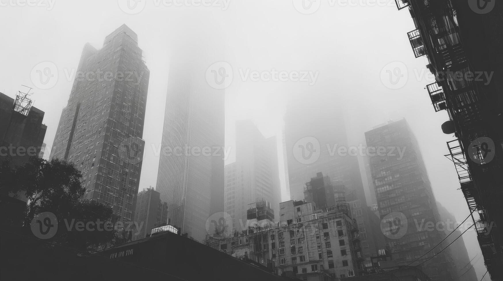 Foggy Cityscape Grey Skyscrapers in Dense Mist photo