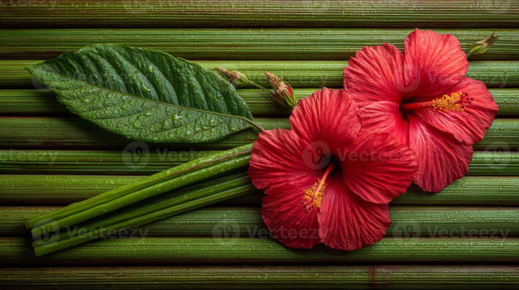Red Hibiscus Flowers on Green Bamboo Background photo