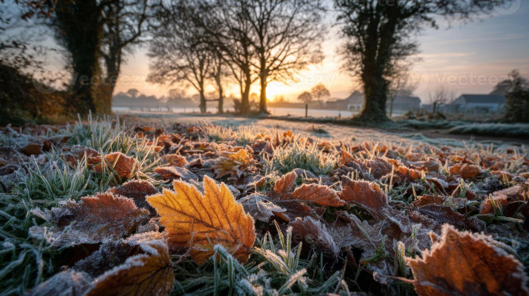 Frozen Autumn Leaves at Sunrise photo