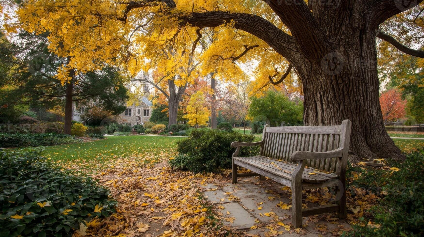 Autumnal Park Bench Under Golden Canopy photo
