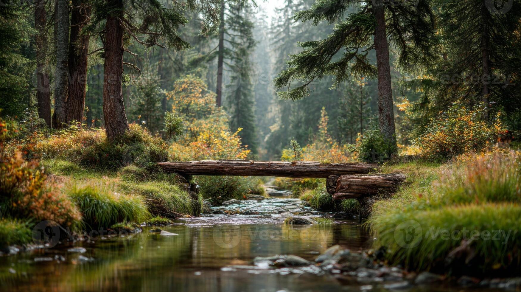 Rustic Log Bridge Over Calm Forest Stream photo
