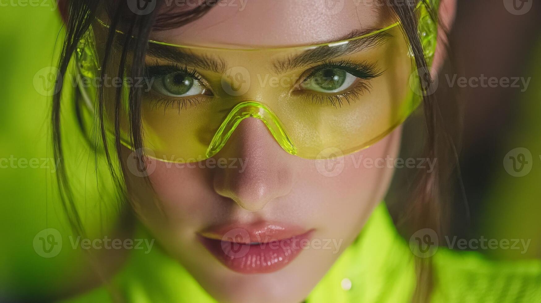 Close Up Portrait of a Woman in Neon Yellow Goggles photo