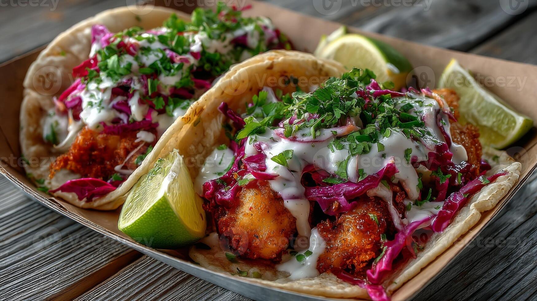 Two Crispy Fish Tacos with Red Cabbage Slaw and Creamy Sauce photo