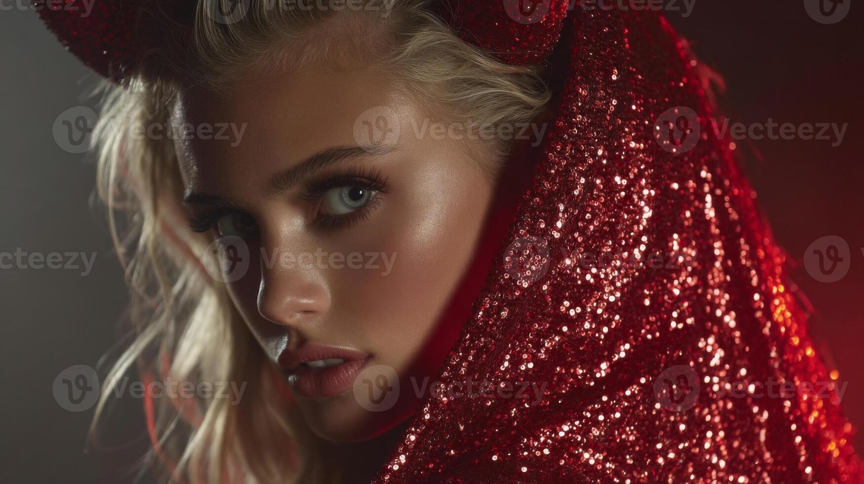 Glamorous Woman in Red Glitter Devil Costume photo