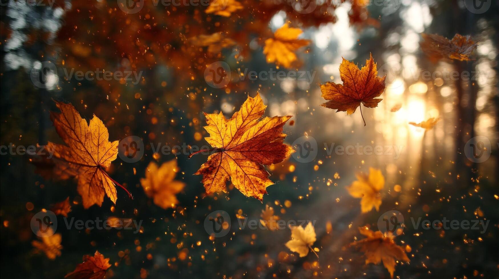 Falling Autumn Leaves in a Sunlit Forest photo
