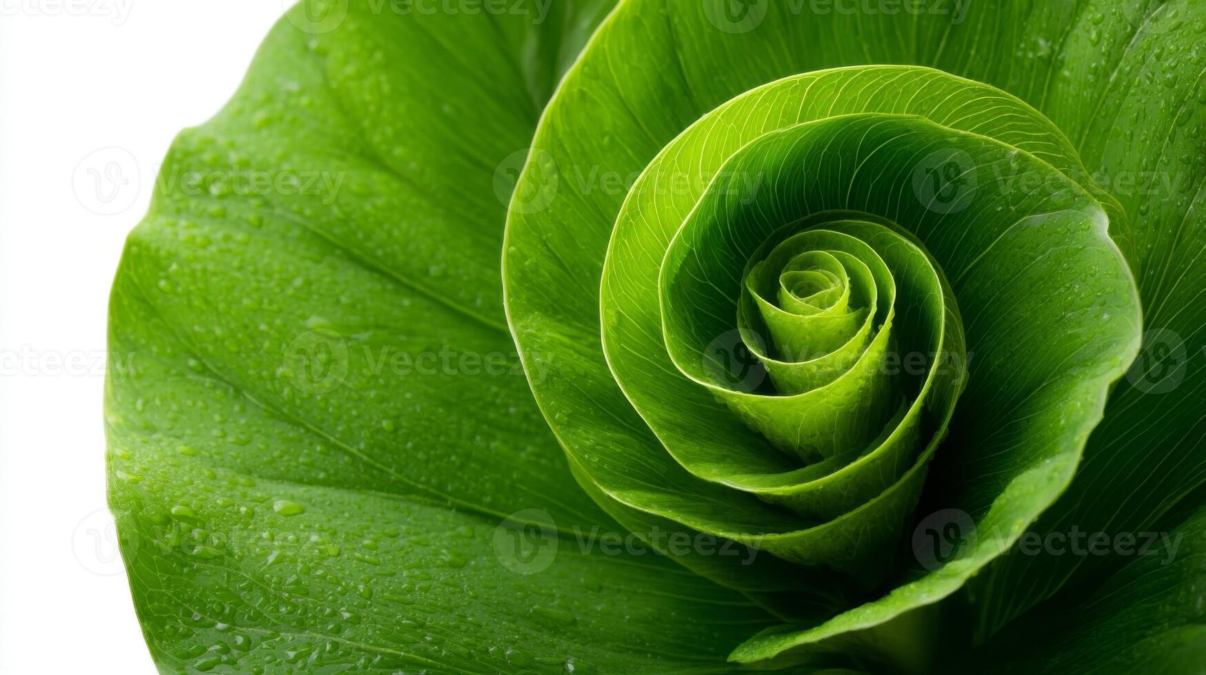 Close-Up of Green Leaf Spiral Pattern on White Background photo
