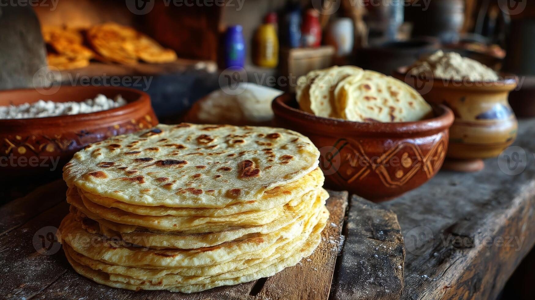 Warm Yellow Corn Tortillas on Rustic Wooden Table photo
