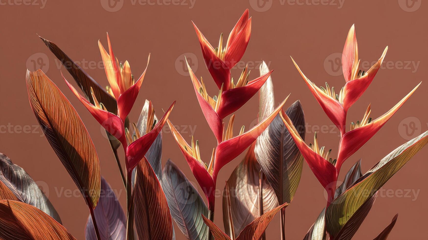 Red and Orange Heliconia Flowers on Brown Background photo