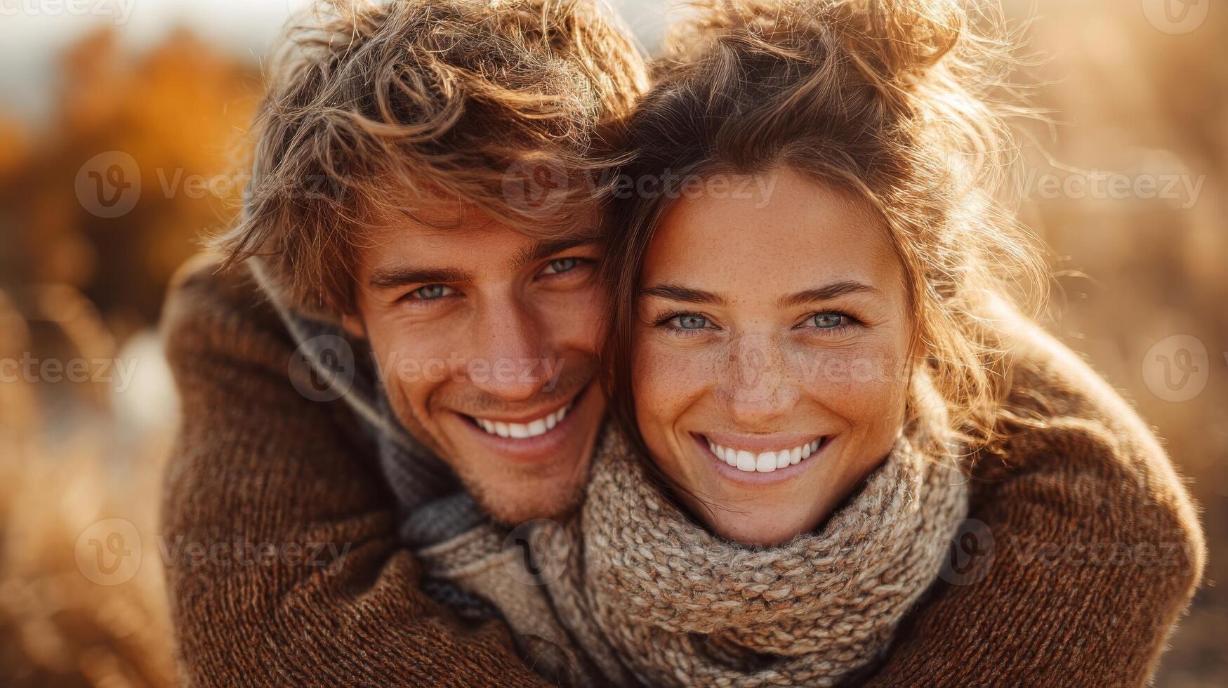Affectionate Young Couple Embracing Outdoors in Autumn Sunlight photo