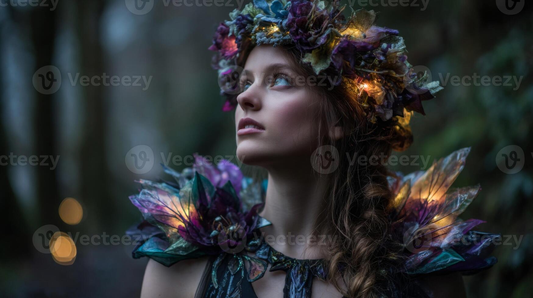 Enchanted Woman in Glowing Flower Crown and Leaf Shoulder Piece photo