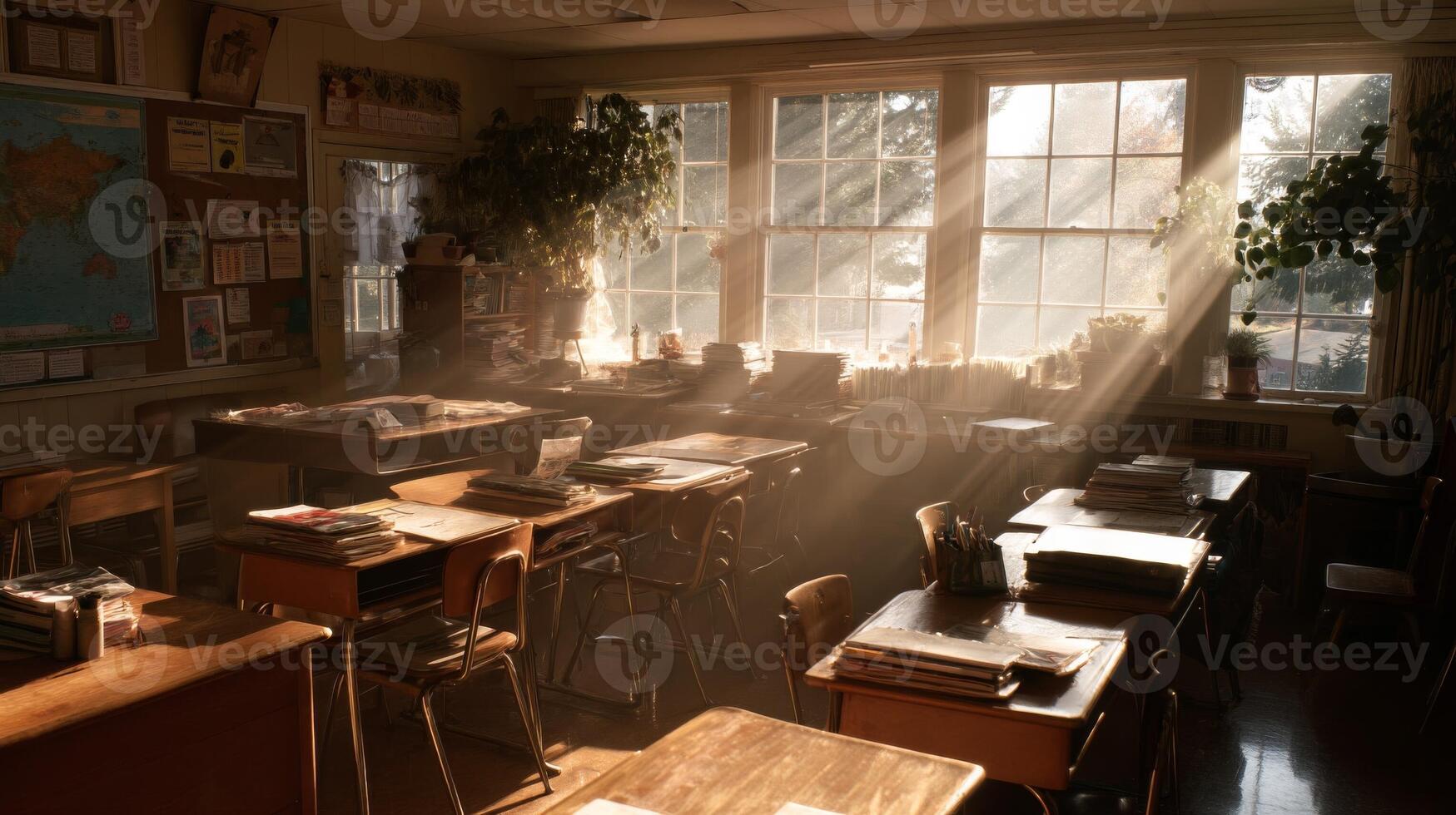 Sunlit Empty Classroom with Wooden Desks photo