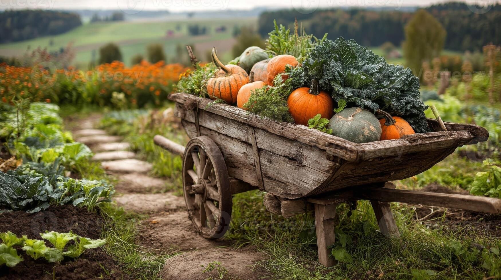 Rustic Wooden Wheelbarrow Filled with Pumpkins and Kale in a Farm Garden photo