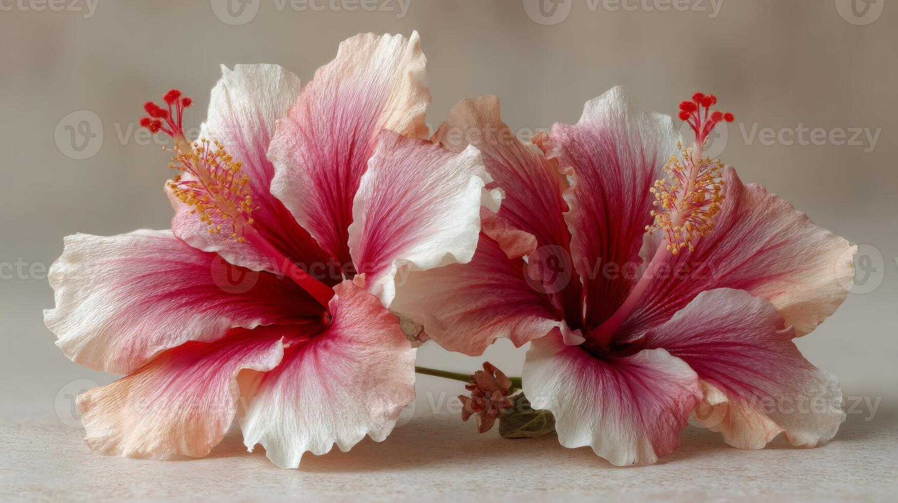 Pink and White Hibiscus Blossoms Close Up photo