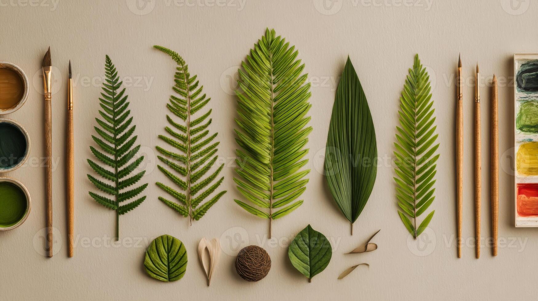 Green Leaves and Art Supplies Flatlay photo