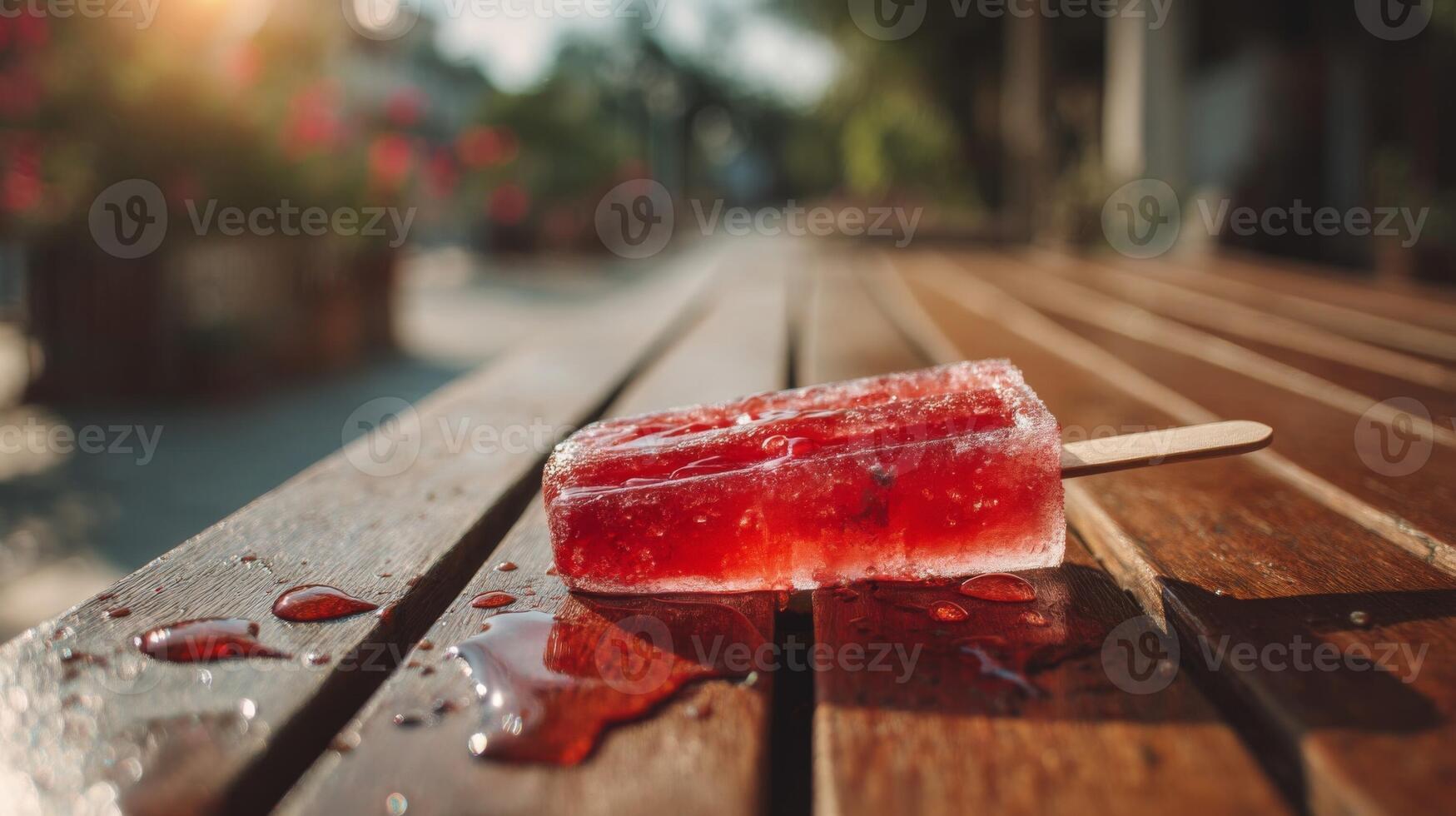 Melting Red Popsicle on Wooden Bench photo