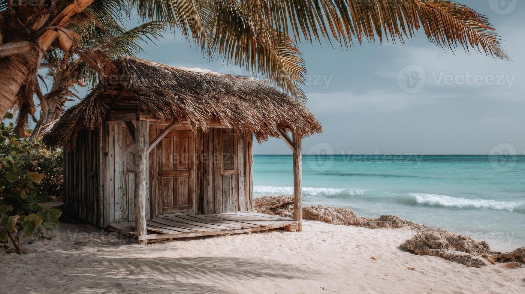 Rustic Wooden Beach Hut Under Palm Trees photo