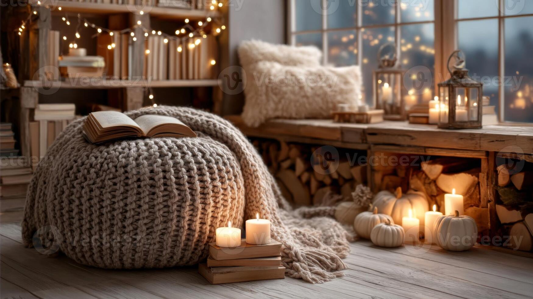 Cozy Autumnal Reading Nook with Candles and Knit Blanket photo