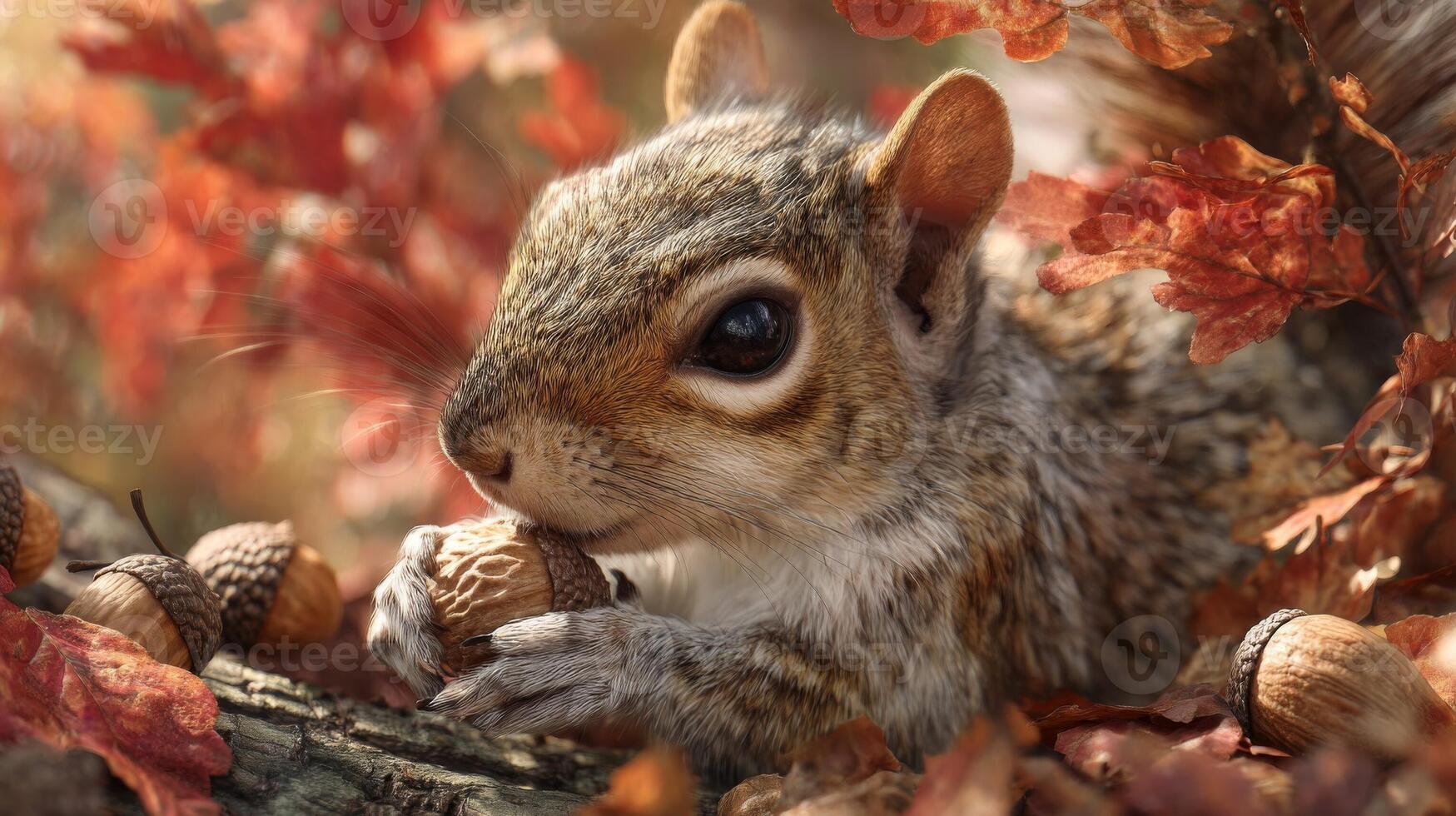 Closeup of an Adorable Squirrel Eating an Acorn Among Autumn Leaves photo