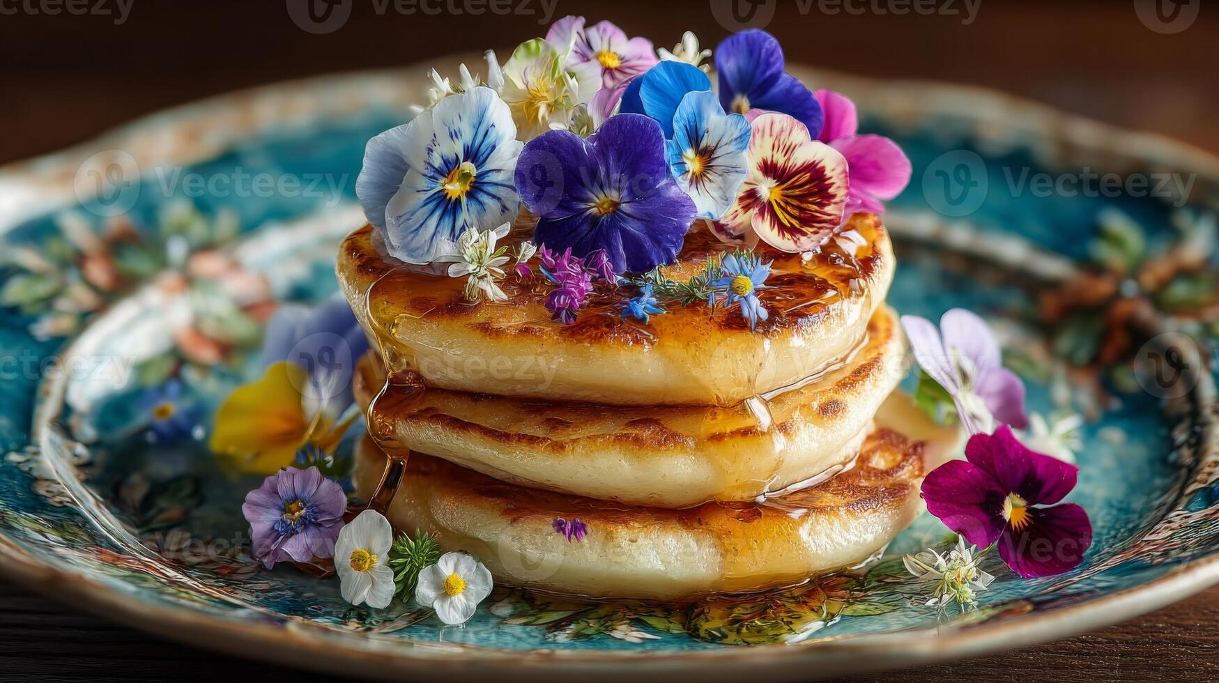 Stack of Pancakes Topped with Colorful Edible Flowers photo