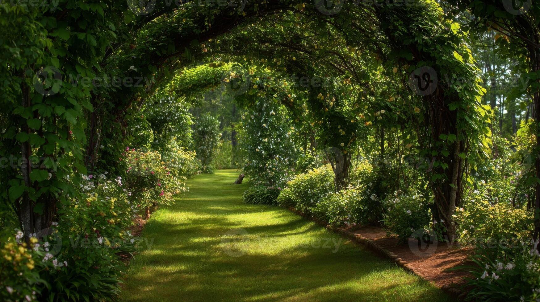 Sunlit Green Garden Path with Lush Foliage photo