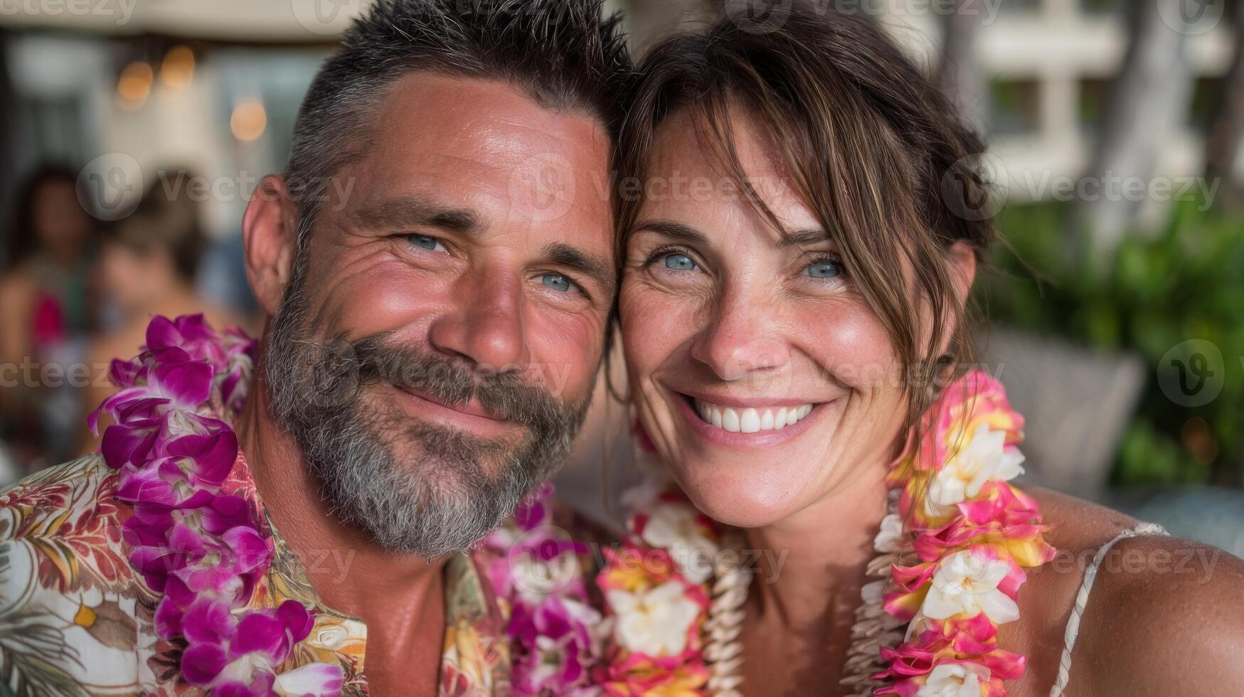 Happy Couple Portrait with Flower Leis at Tropical Location photo