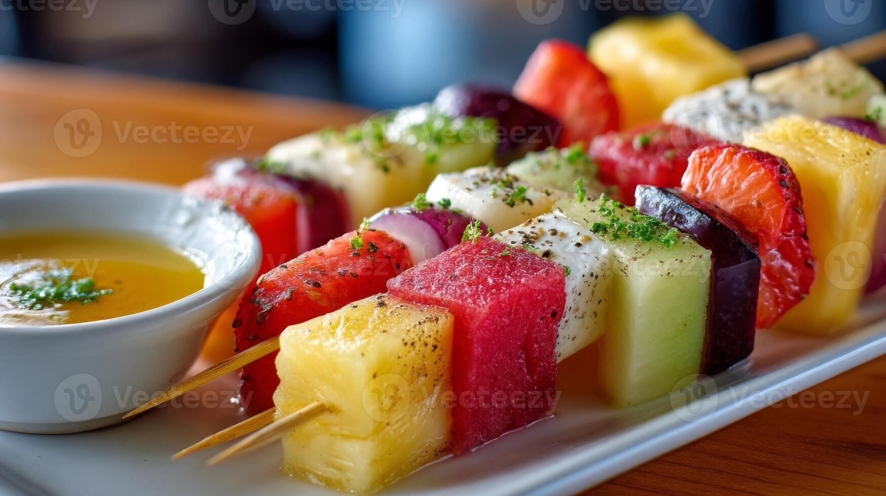 Colorful Fruit Skewers with Honey Mustard Dip photo