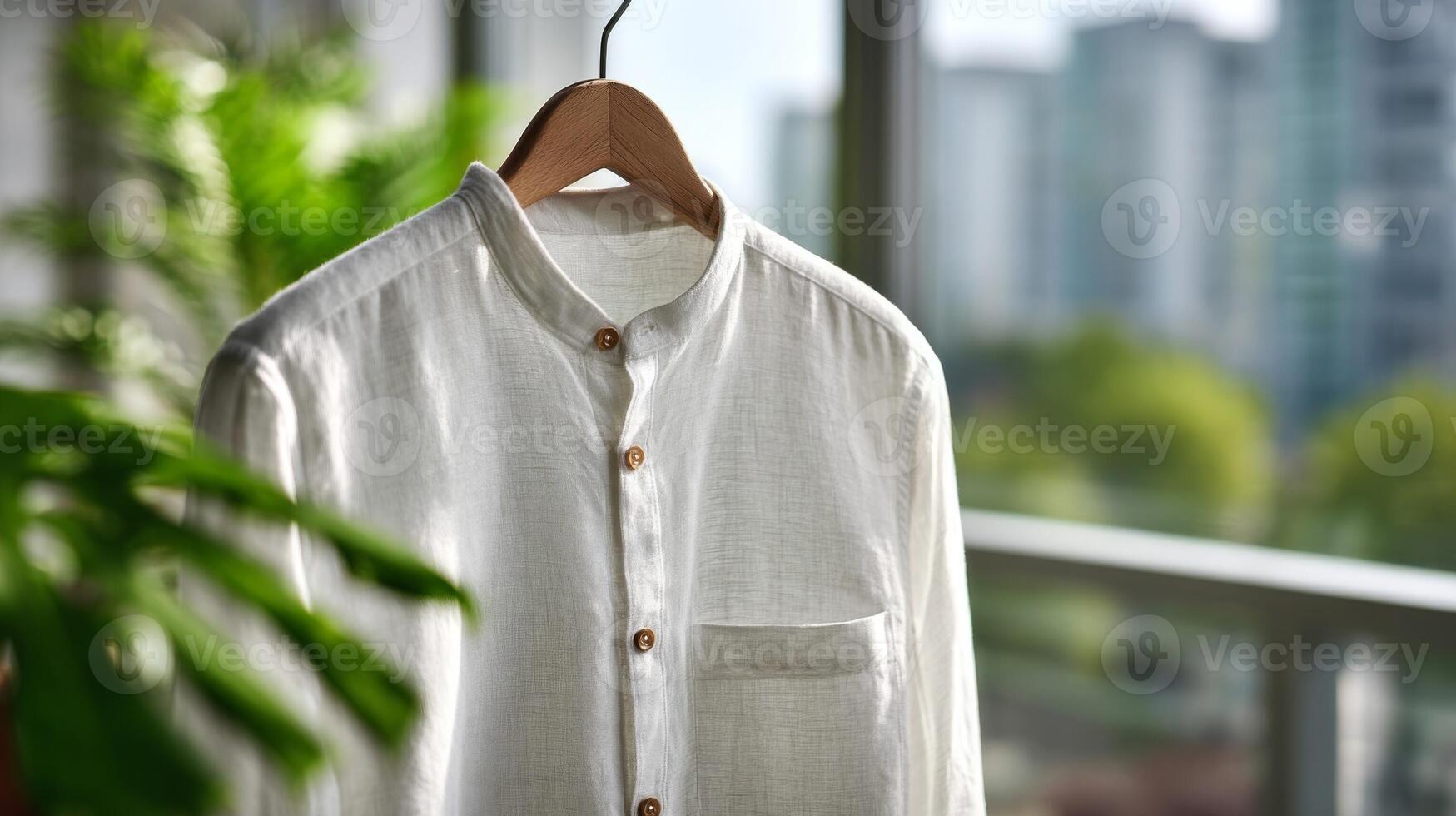 White Linen Stand Collar Shirt Hanging Near Window photo