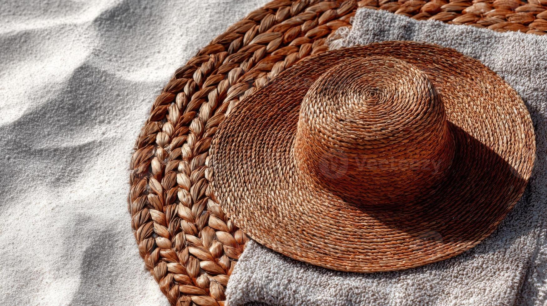 Brown Straw Hat on Woven Mat on Sandy Beach photo