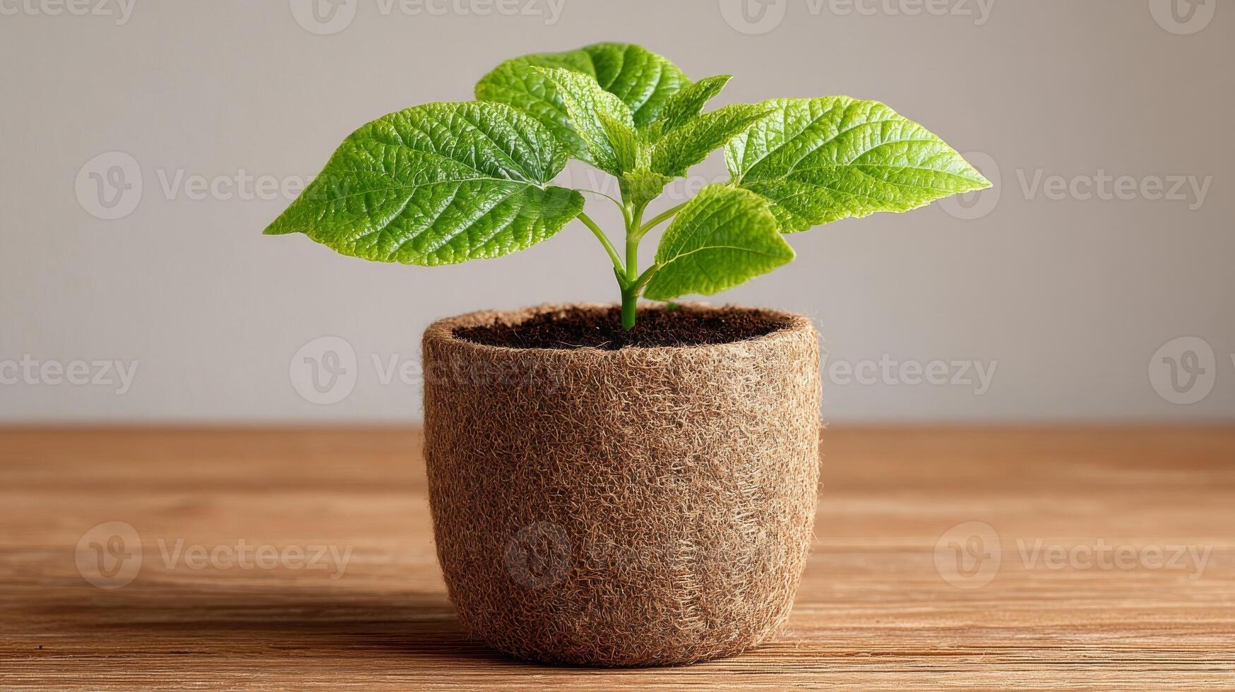 Small Green Plant Sprout in Brown Pot on Wooden Table photo