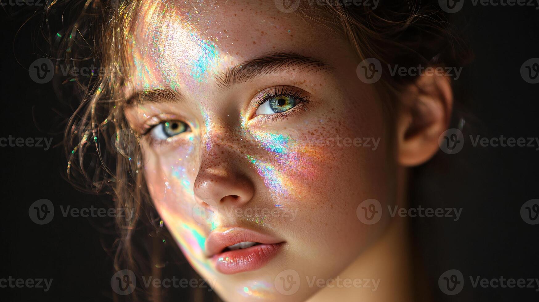 Striking Artistic Portrait of Young Woman with Colorful Light Reflections photo
