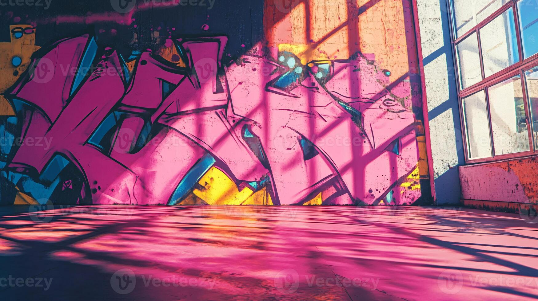 Vibrant Pink Graffiti Mural Depicting Playful Cartoon Characters photo