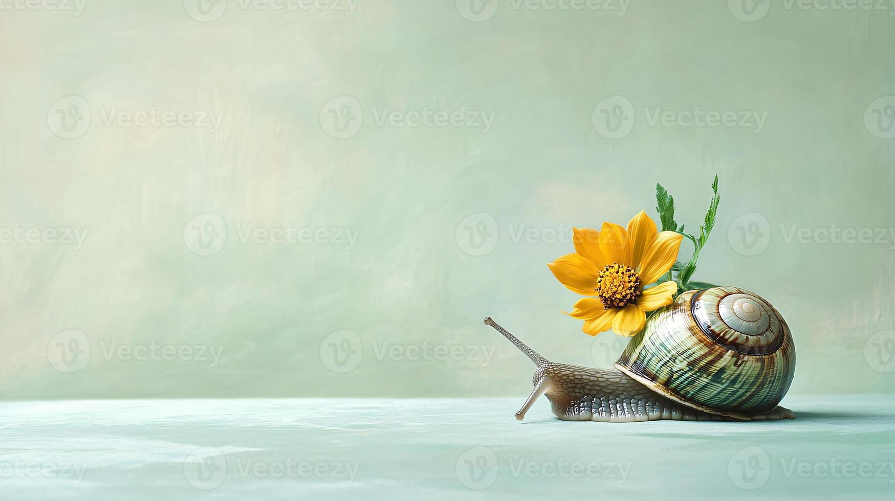 Charming Snail with Bright Yellow Blossom Crawling on Light Green Surface photo