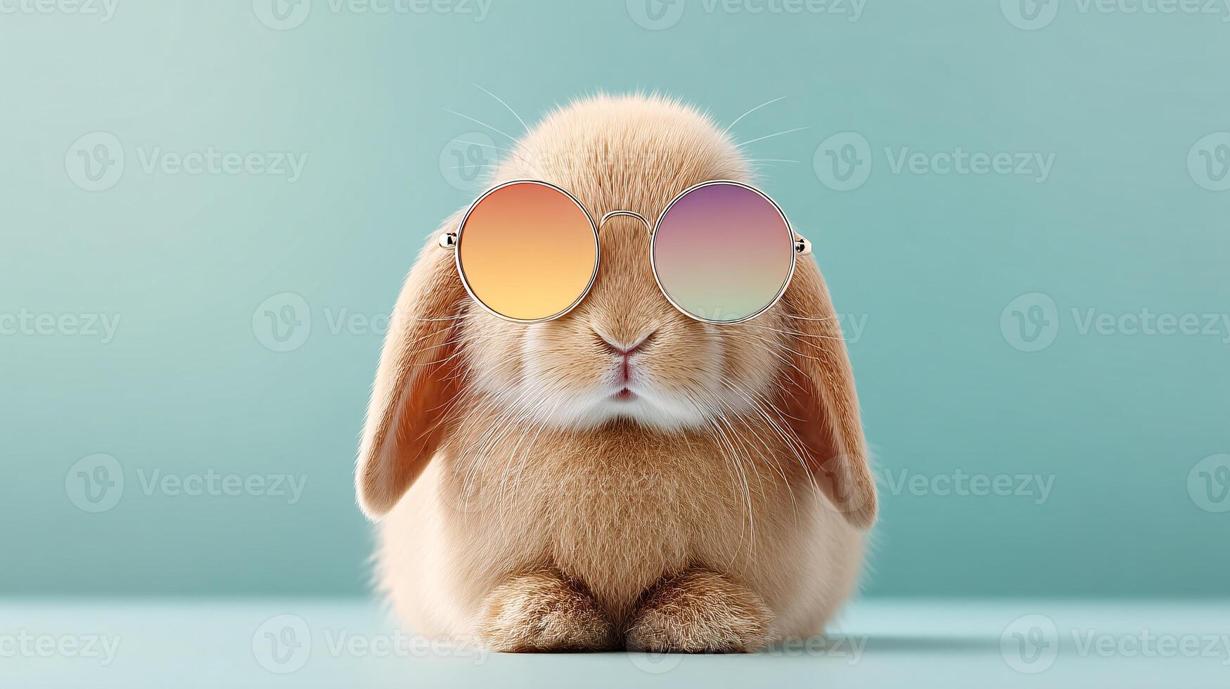 Fluffy Bunny with Rainbow-Rimmed Sunglasses Showcasing a Cute Nose on Pastel Mint Background photo