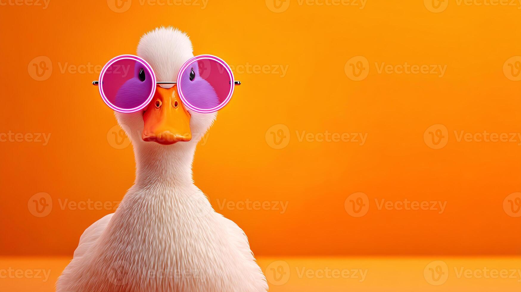 Charming White Duck in Oversized Purple Glasses Against Neon Orange Background photo