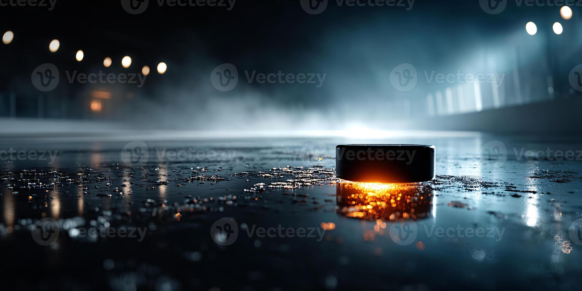 Ice Hockey Puck Gliding Swiftly Across a Glossy Rink Surface photo