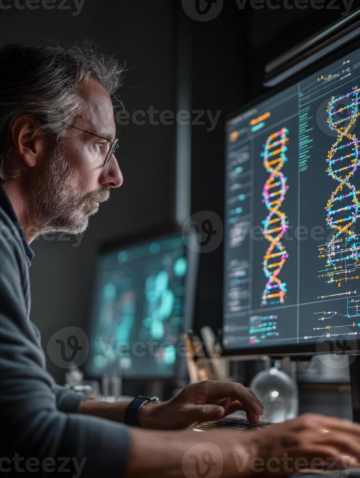 Professional coding environment showcasing genome sequencing on a transparent display photo