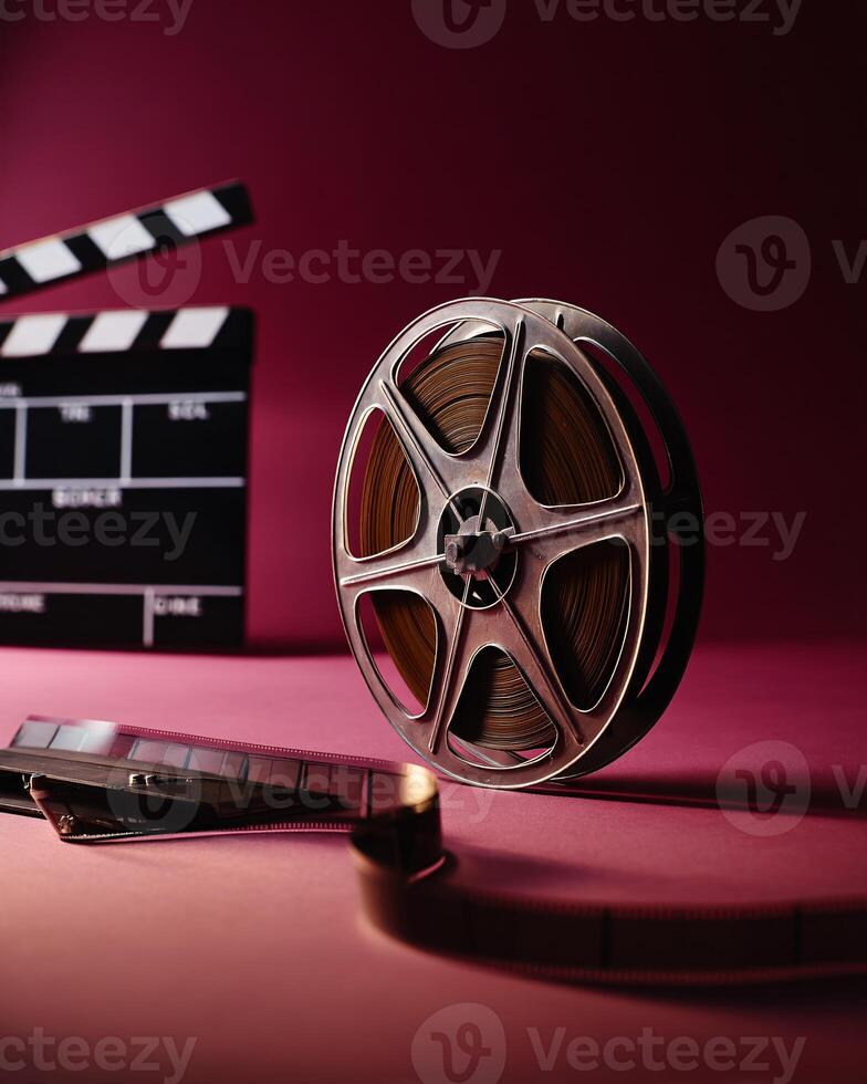 Film Production Vintage Scene Featuring Film Reel and Clapper Board photo