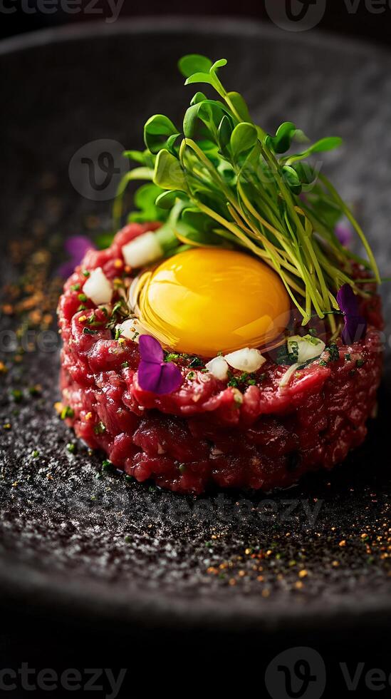 Exquisite Quail Egg Yolk atop Rich Wagyu Tartare Presentation photo