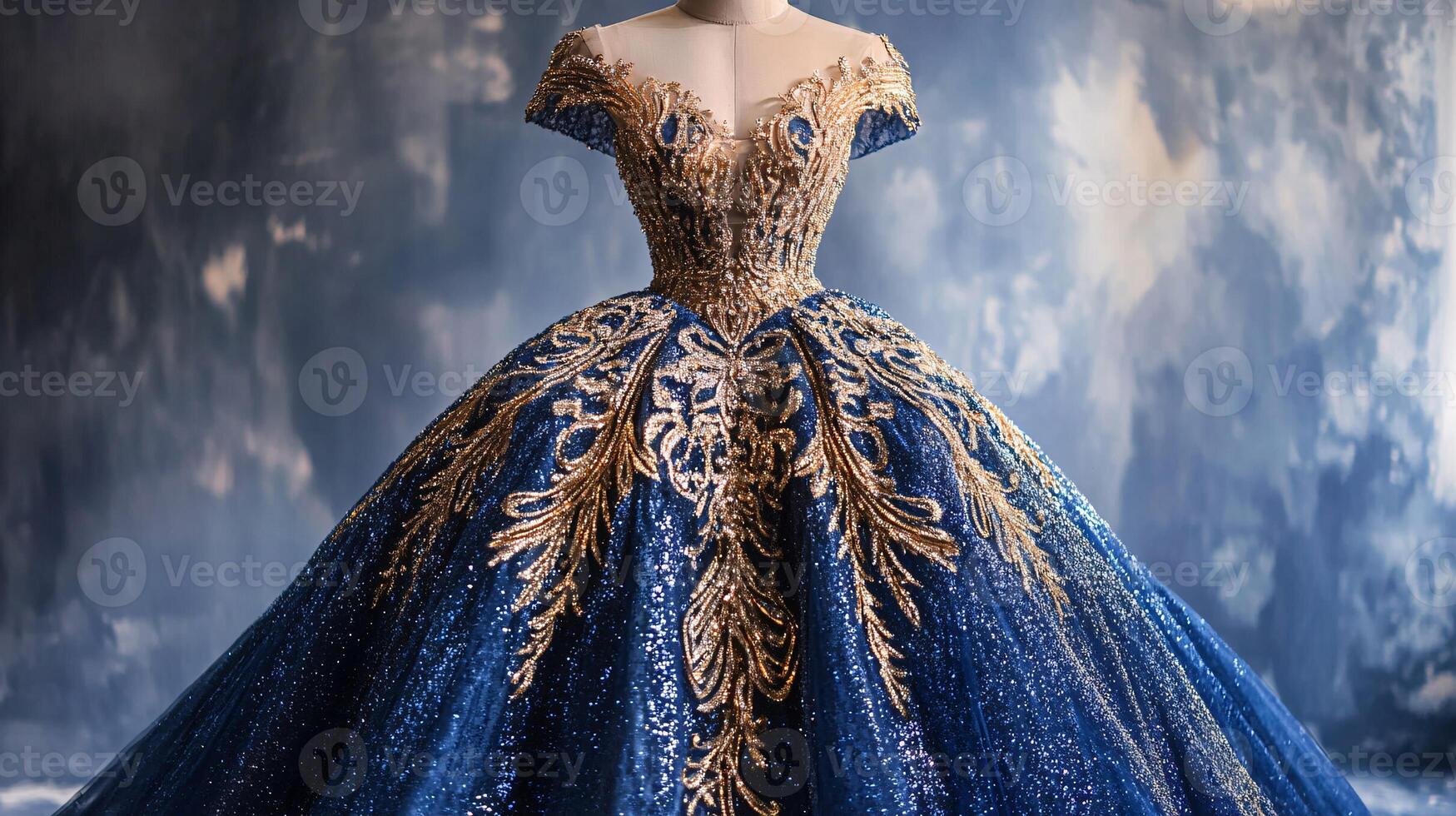 A Regal Fashion Statement Showcasing a Stunning Blue and Gold Gown photo