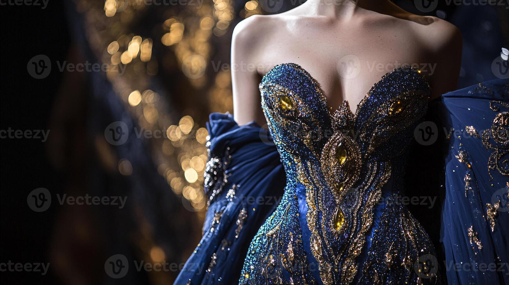 Elegant Intricate Gown with Sparkling Blue and Gold Details Fit for Royalty photo