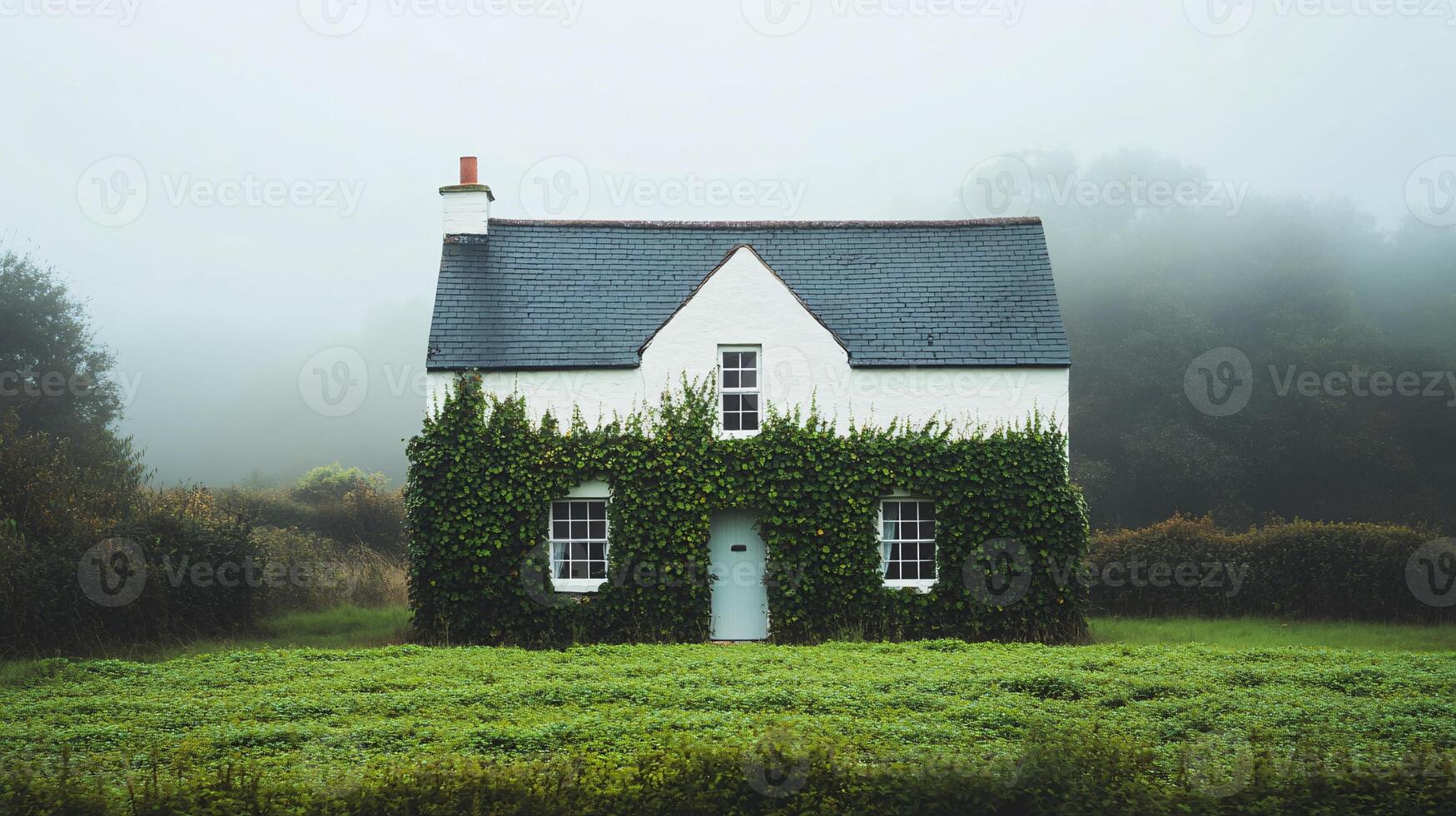 Enchanted White Cottage Surrounded by Dense Vegetation in Misty Landscape photo