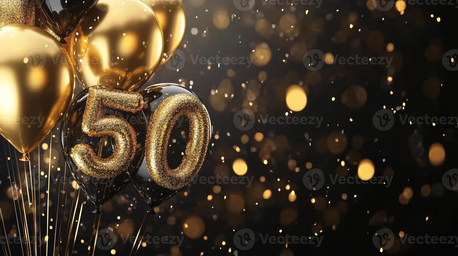 Golden Balloons Surrounding Shimmering Black Background for 50th Anniversary Celebration photo