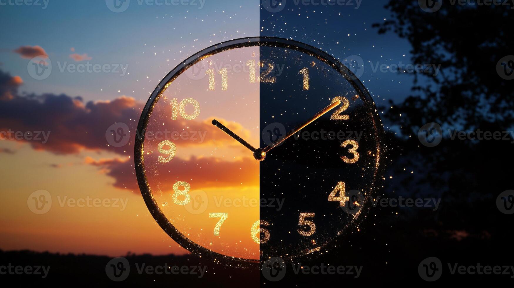 Clock Illustration Depicting Sunset Sky During Day and Sparkling Night photo