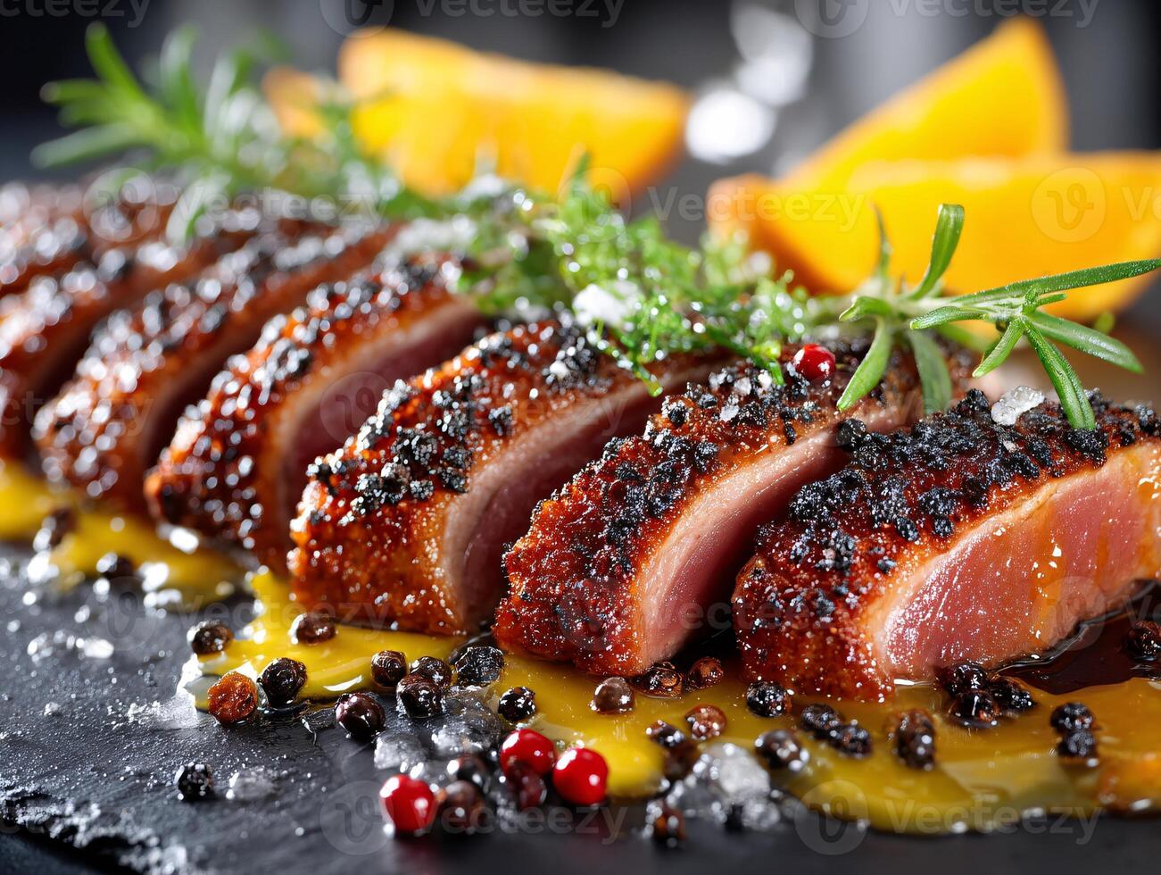 Elegant Presentation of Duck Breast with Orange Sauce and Peppercorns photo