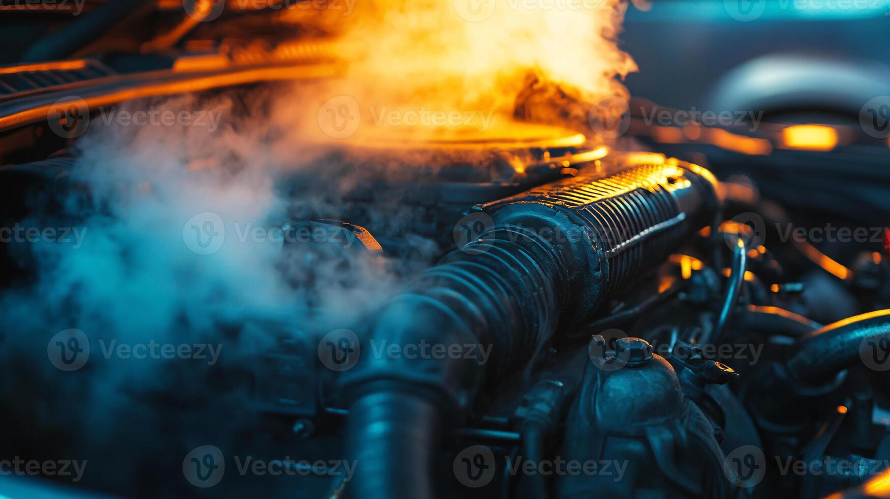 Overheating Car Engine with Visible Steam Smoke and Warning Lights photo